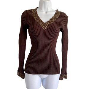 Tracy M Embellished Brown Pull Over V Neck Sweater Women's Large